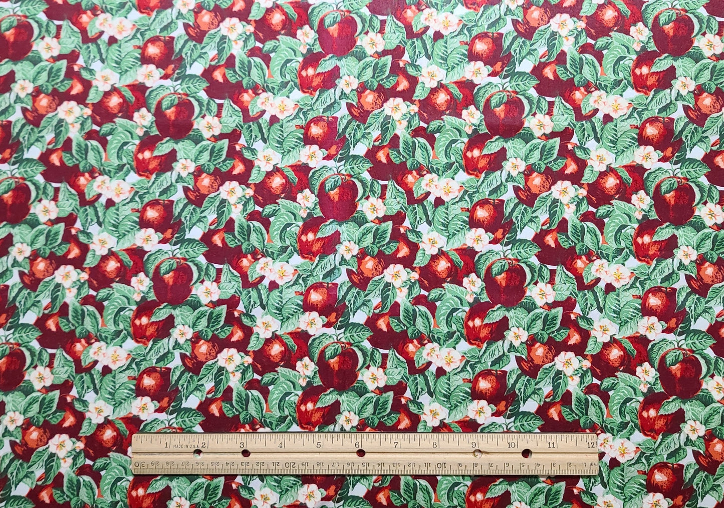 White Fabric / Allover Apple, Apple Blossom and Leaf Print