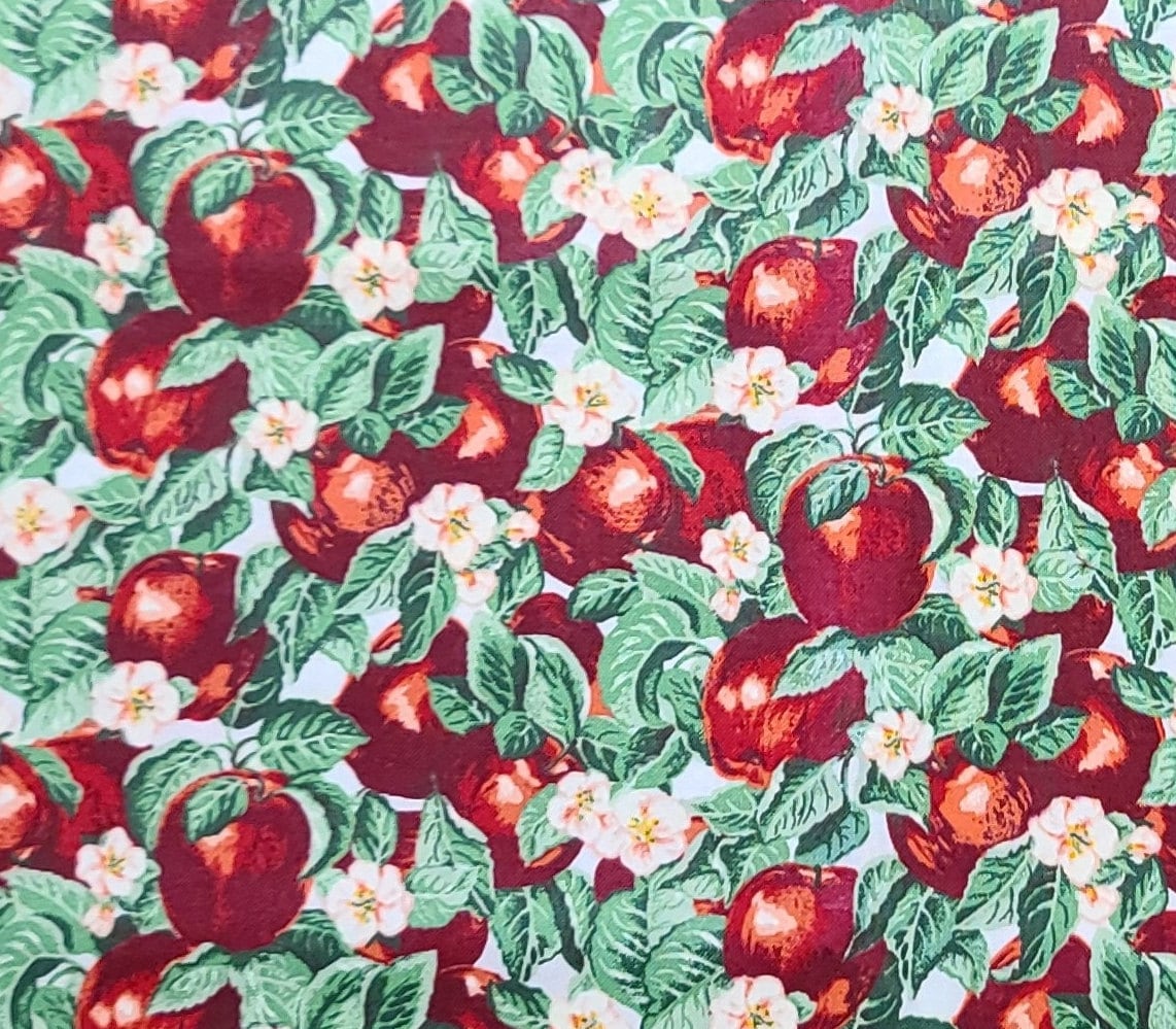 White Fabric / Allover Apple, Apple Blossom and Leaf Print