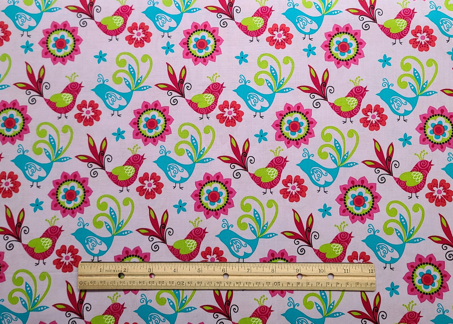 JoAnn Fabric - Lavender Fabric / Bright Blue, Pink, Raspberry, Green Bird and Flower Print