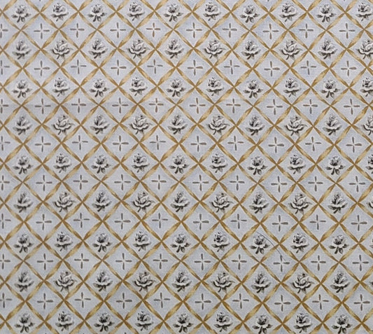 Antique Rose Garden 2001 Janet G Gossard Fabrics by Spectrix - Pale Blue/Gray Fabric / Gold Crosshatch and Cross / Tan and Gray Rose Print