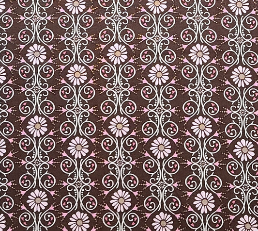 Heidi Grace for JoAnn Fabric - Dark Brown Fabric / Pink and White Flower Scroll Print