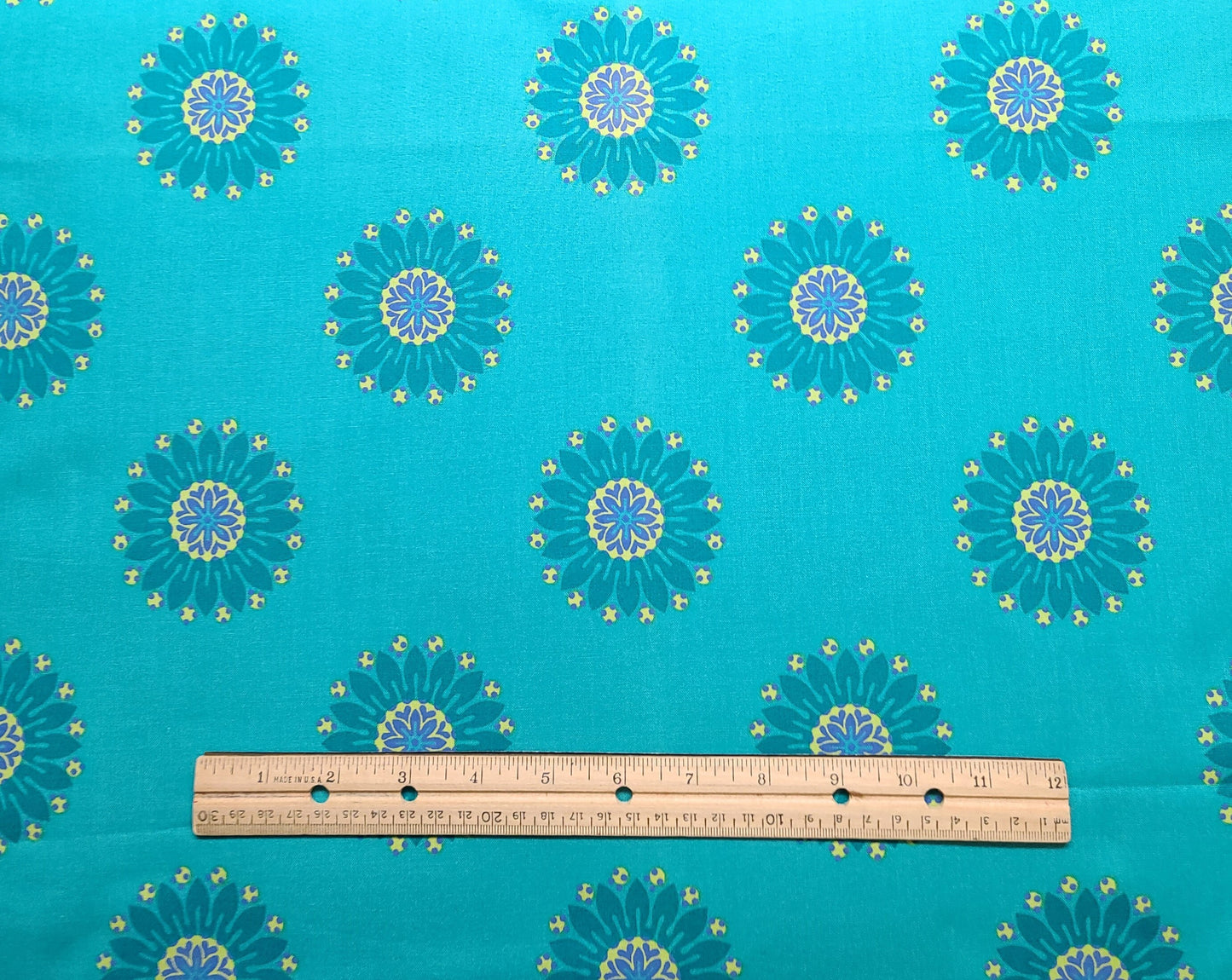 Stonehill Collection by Donna Wilder Fabric Traditions 2009 - Aqua Fabric / Dark Aqua, Yellow, Purple Geometric Flower Print