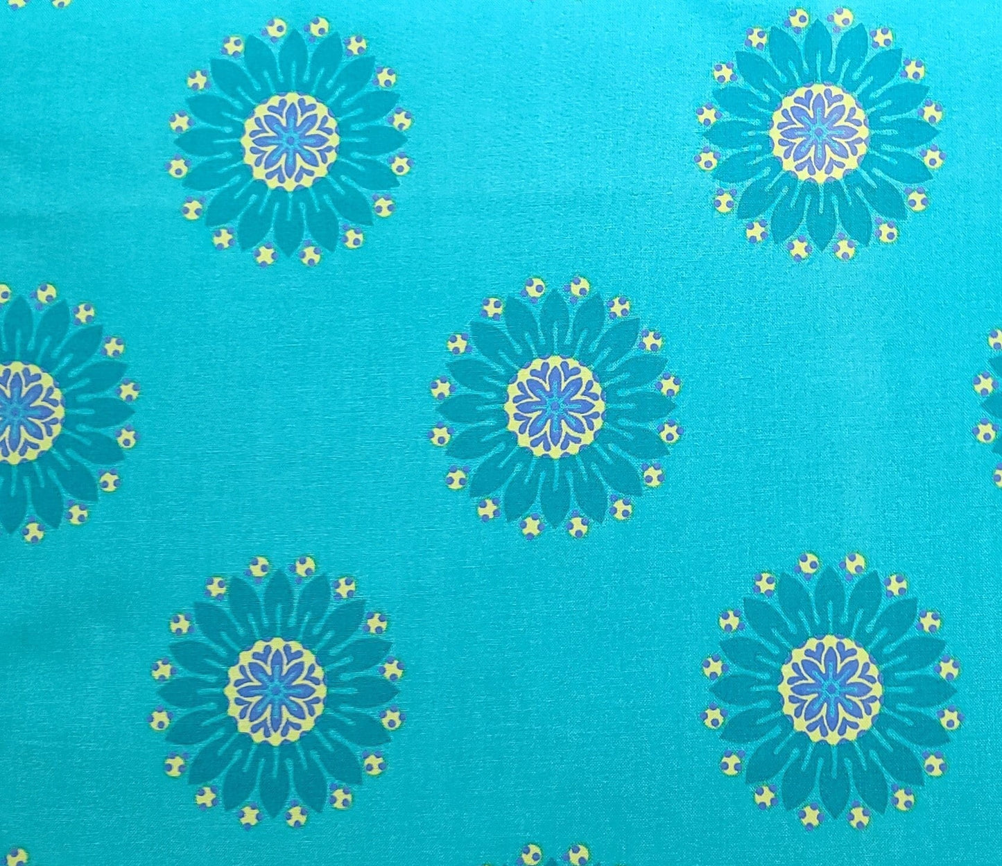 Stonehill Collection by Donna Wilder Fabric Traditions 2009 - Aqua Fabric / Dark Aqua, Yellow, Purple Geometric Flower Print