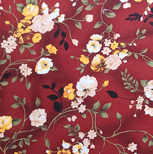 Hi-Fashion Fabrics Inc Patt#JA-C1949 - Dark Red Tonal Fabric / White, Peach, Gold, Green Flower and Branch Print