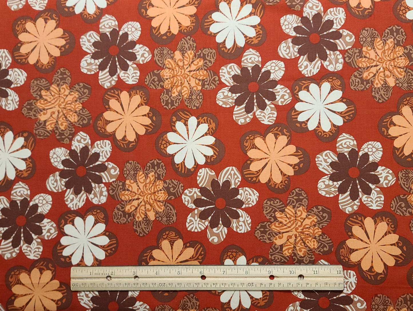 Legacy Studio - Dark Red Fabric / Large Brown, White and Coral Retro Flower Print