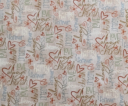 Heartstrings by Terri Degenkolb Whimsicals Red Rooster Fabrics DSN#22284-Tan/Brown Tonal Fabric/Antique Gold, Blue, Red, Green Script/Heart