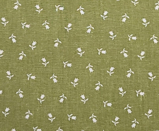 Logantex Studio Design by Joan Pace Baker - Olive Green Fabric / White Ditsy Flower Print