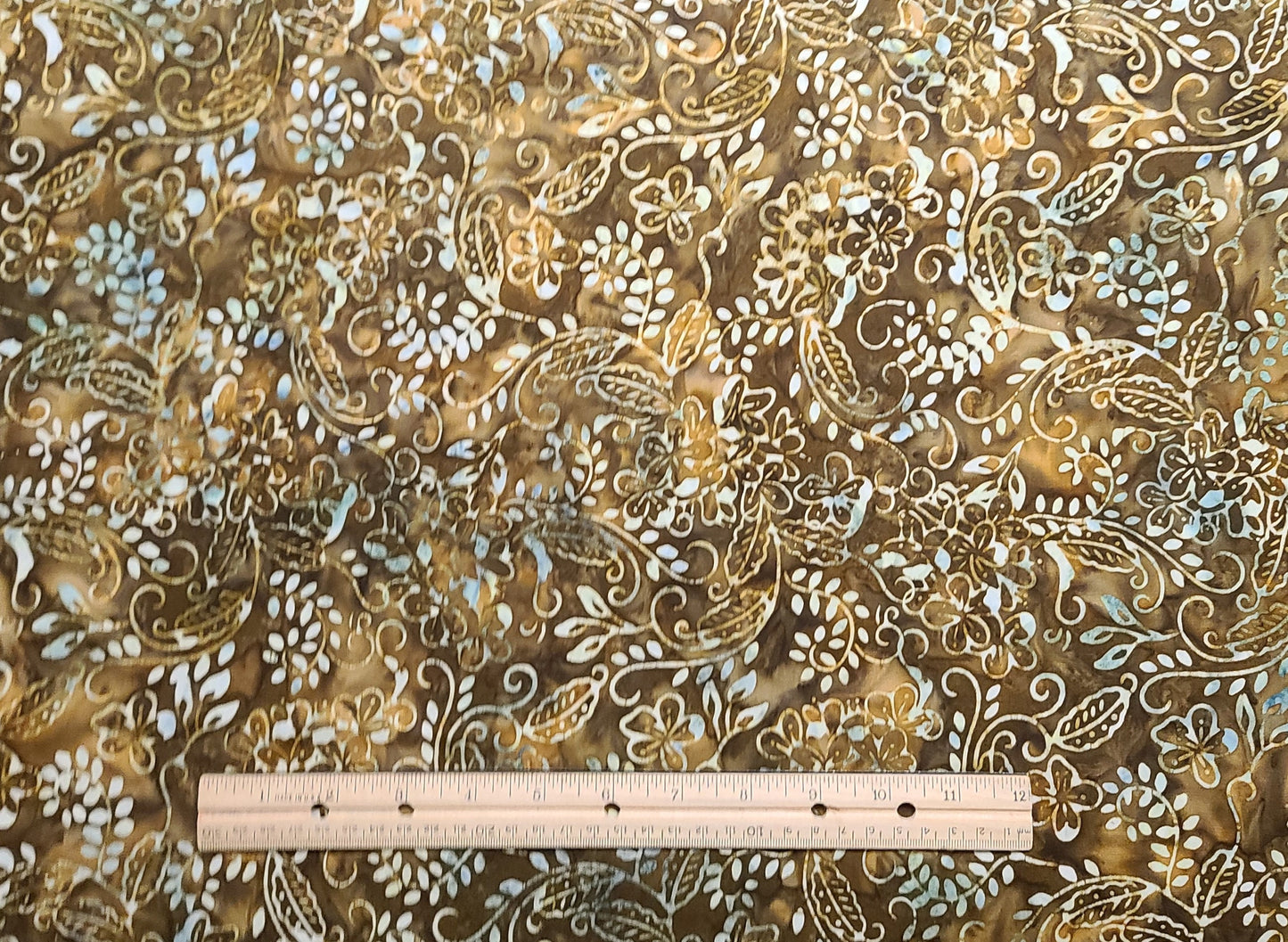 BATIK - Antique Gold, Golden Brown Fabric / White and Aqua Flower Vine Scroll Tjap