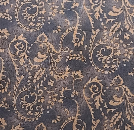 Fabric Traditions 2007 - Dark Brown Tonal Fabric / Light Brown Flower Scroll Reproduction Style Print