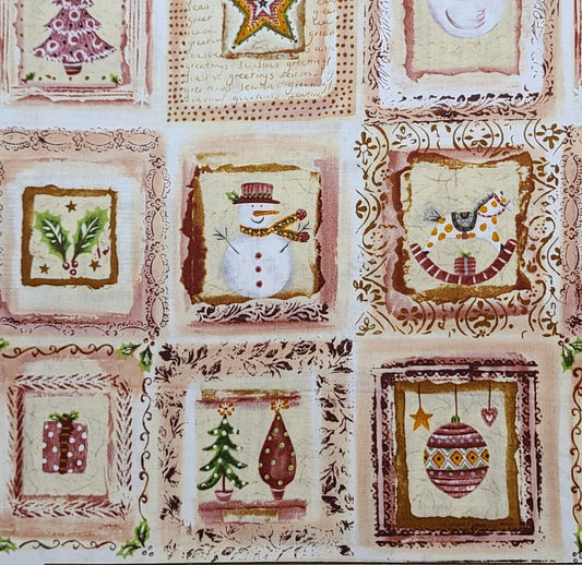 Patt#5901 Blank Quilting 2010 - Cream, Brown, Dusty Rose, Green Christmas Block Print Fabric