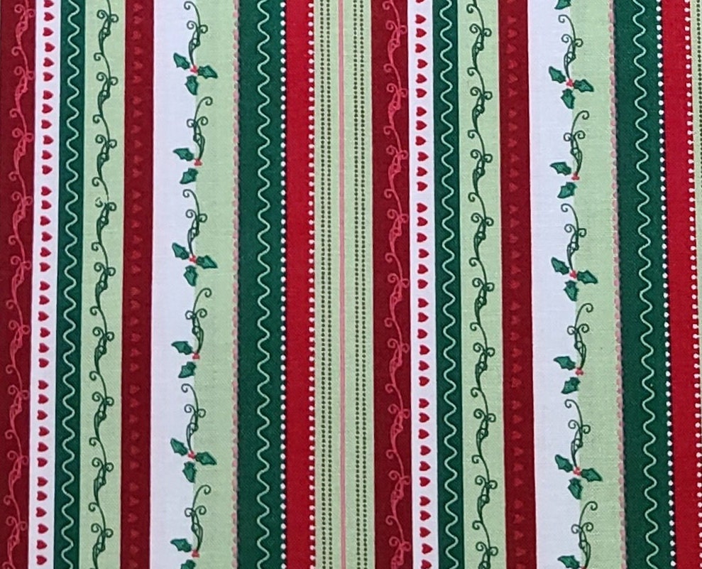 Heidi Grace for JoAnn Fabric - White, Dark Red, Green, Light Green Holly, Heart, Scroll Vertical (Parallel to Selvage) Stripe Fabric