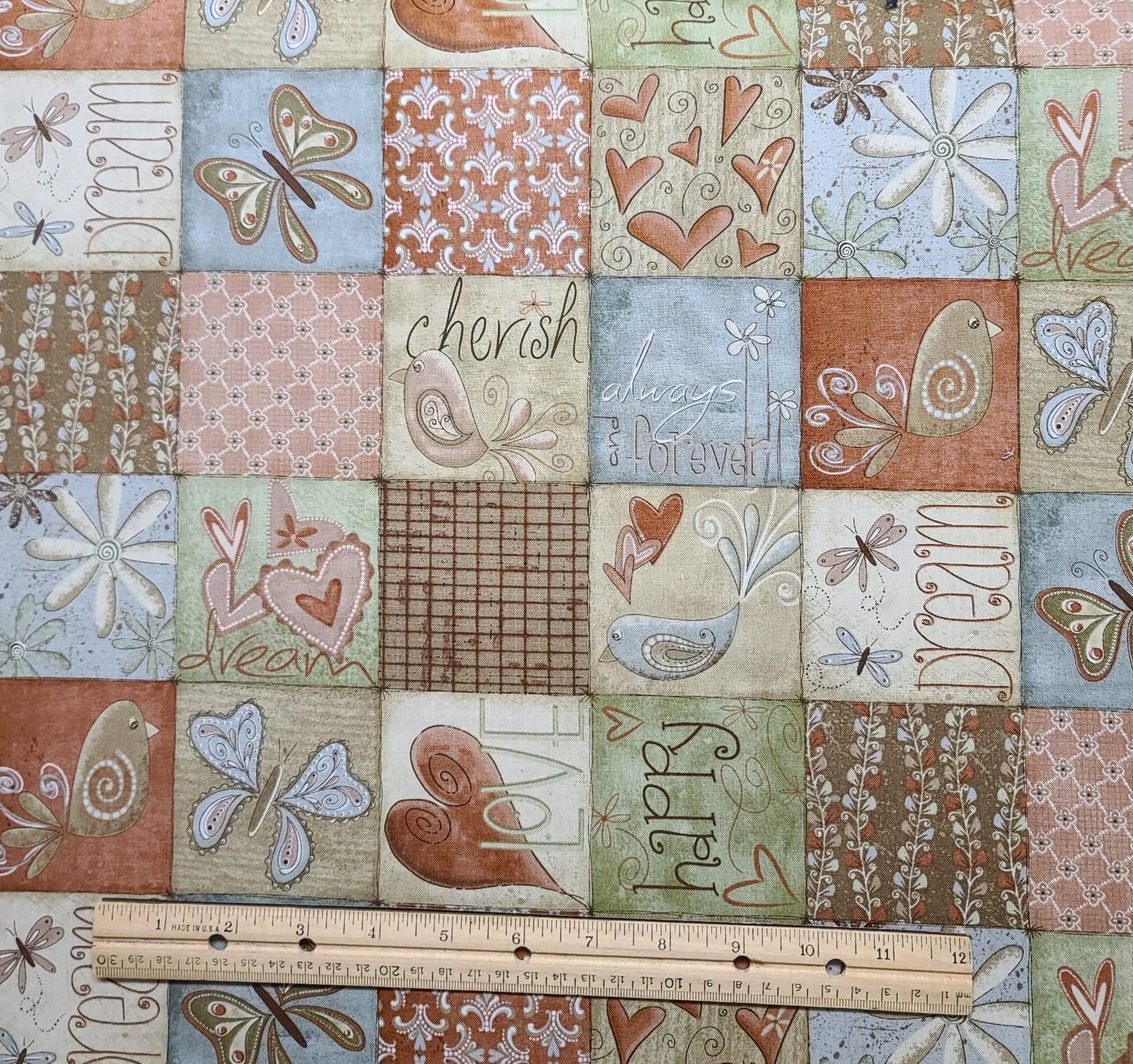 Heartstrings Terri Degenkolb Whimsicals Red Rooster Fabrics DSN#22281-Blue, Green, Rust/White Patchwork Flower/Butterfly/Heart/Script Blocks