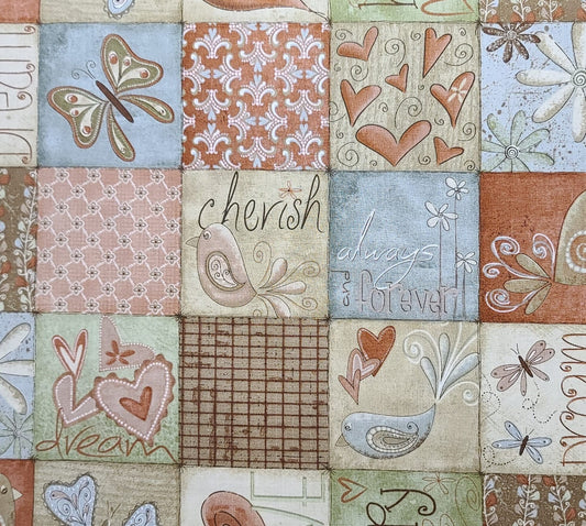 Heartstrings Terri Degenkolb Whimsicals Red Rooster Fabrics DSN#22281-Blue, Green, Rust/White Patchwork Flower/Butterfly/Heart/Script Blocks