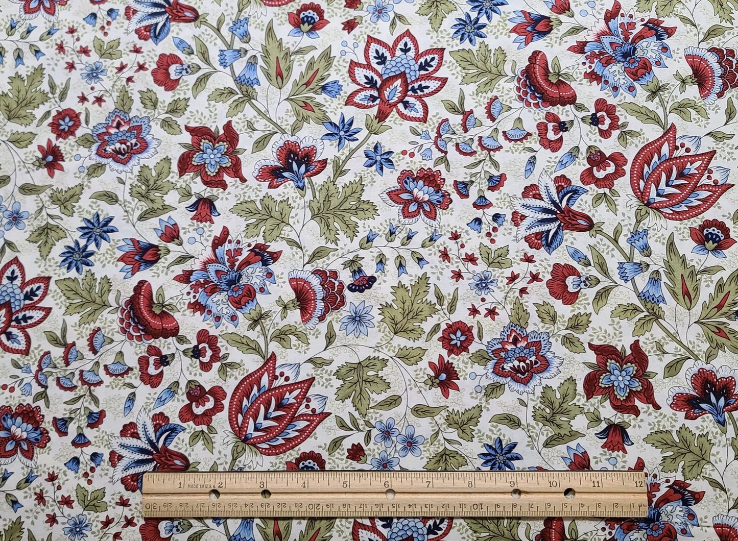 JoAnn Fabric - White Fabric / Red, Blue and Olive Flower, Leaf and Vine Print