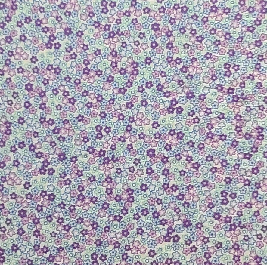 Liberty Petites D#12748 - White Fabric / Aqua, Purple, Lilac and Blue Ditsy Flower Print