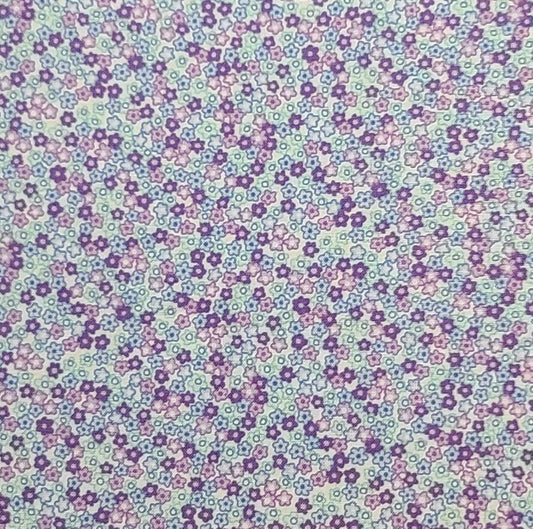 Liberty Petites D#12748 - White Fabric / Aqua, Purple, Lilac and Blue Ditsy Flower Print