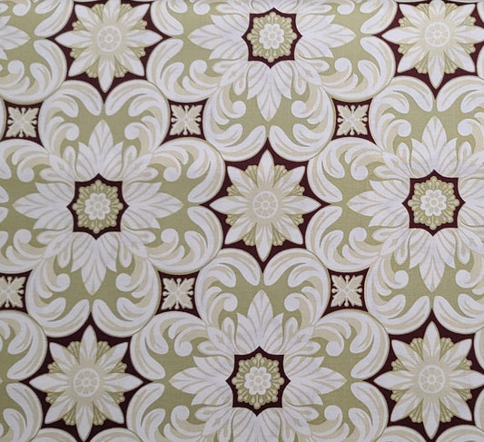 Cottage Rose A Stonehill Collection Donna Wilder Fabric Traditions 2010 - Olive, Khaki, Dark Plum and White Medallion Flower Print Fabric