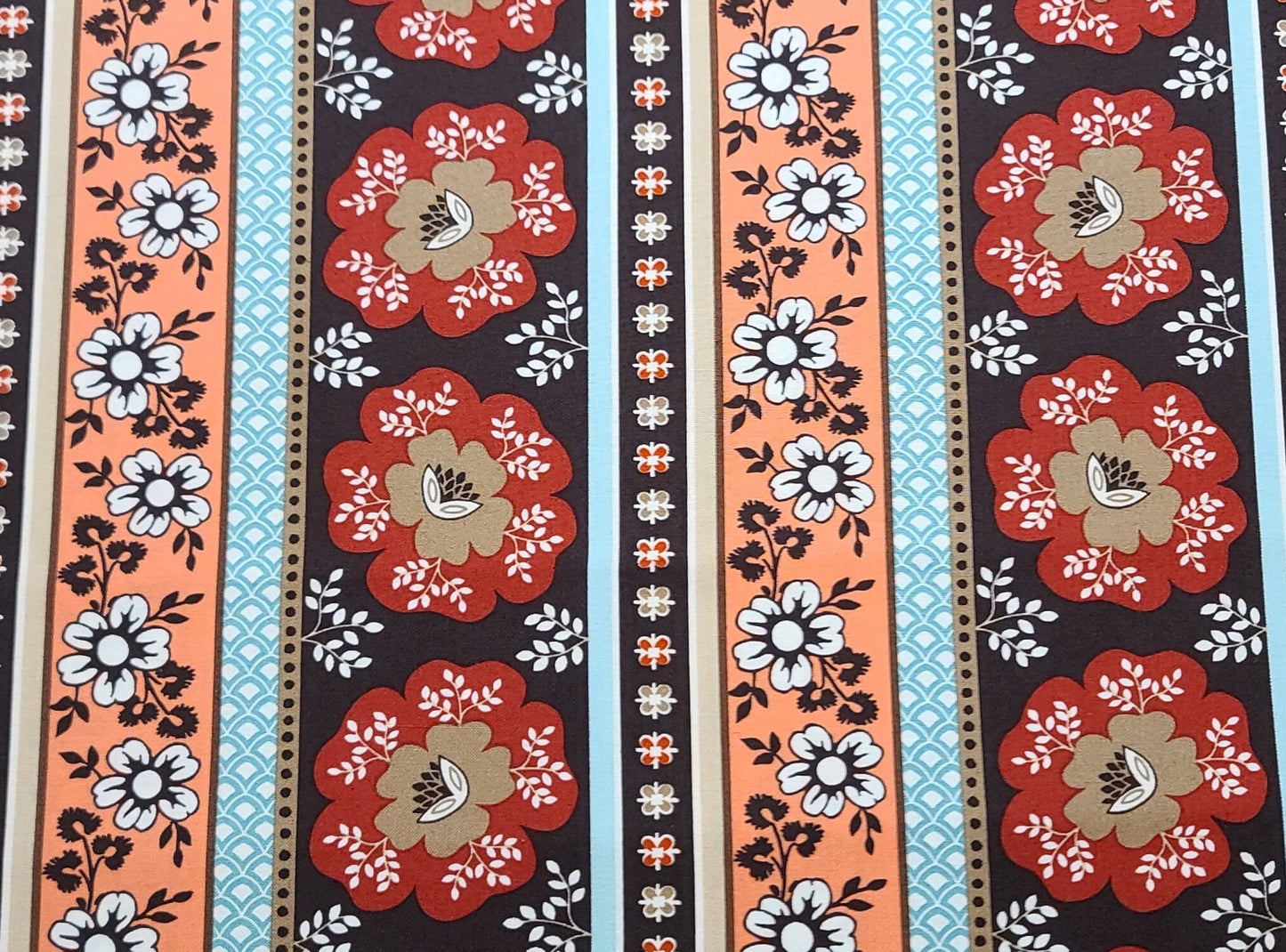 CX5549 Devon Stripe for JoAnn Fabric - Dark Brown, Salmon, Red, White and Aqua Retro Flower Vertical Stripe (Parallel to Selvage) Fabric