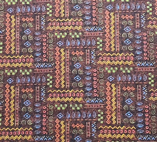 Julia Carins for Quilt Shop by Cranston 2003 Cranston Printworks Co - Dark Brown Tonal Fabric / Orange, Blue, Green, Yellow Geometric Print