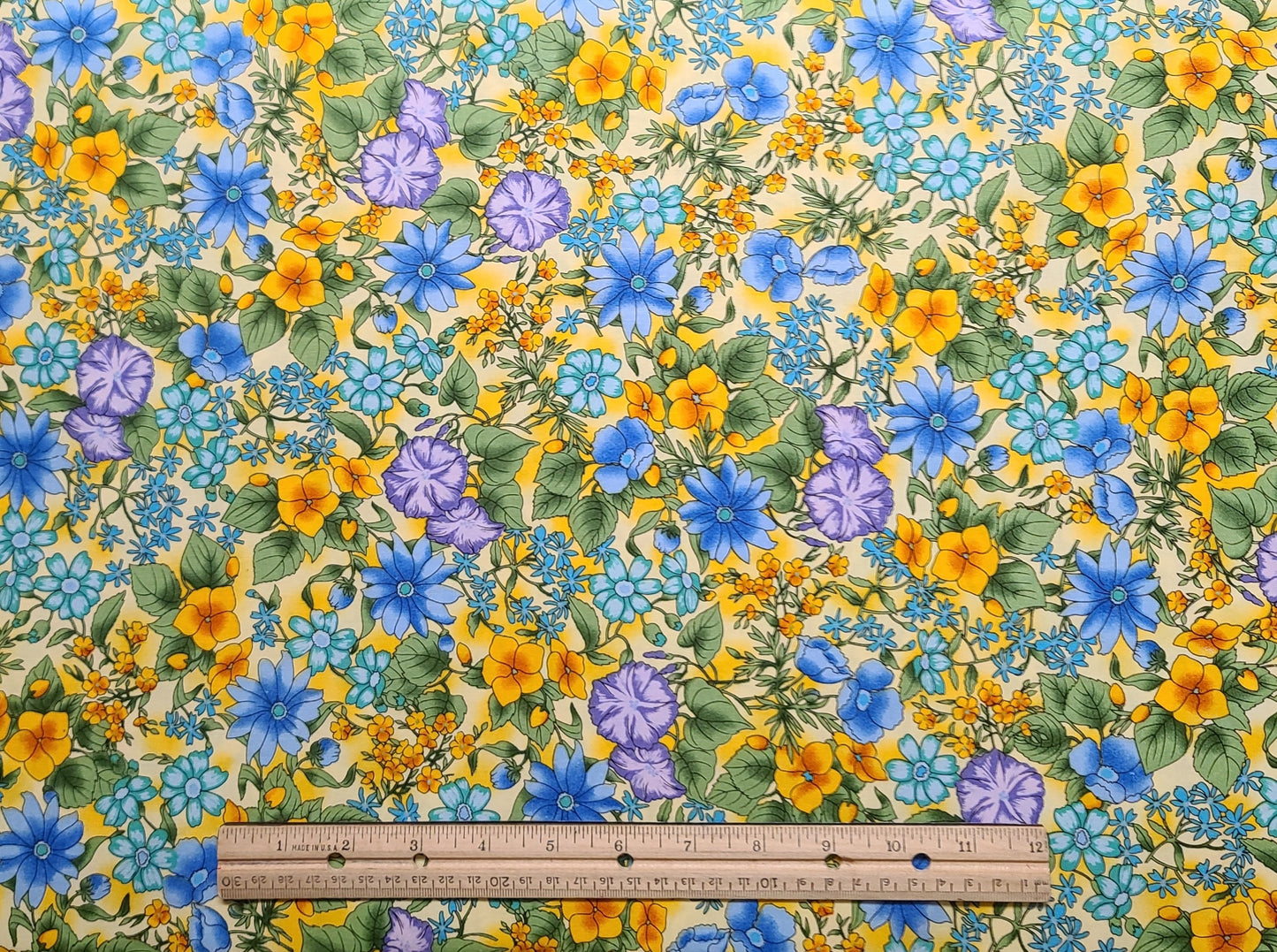 RTC Fabrics - Yellow Tonal Fabric / Blue, Orange, Aqua, Green Floral Print