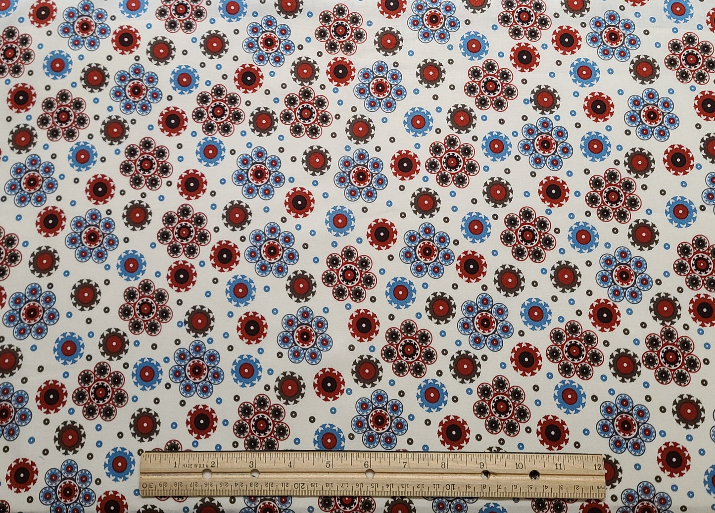 JoAnn Fabric - Soft White Fabric / Dark Red, Dark Brown, Country Blue Retro Flower Print