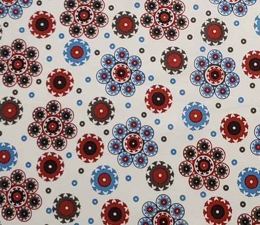 JoAnn Fabric - Soft White Fabric / Dark Red, Dark Brown, Country Blue Retro Flower Print