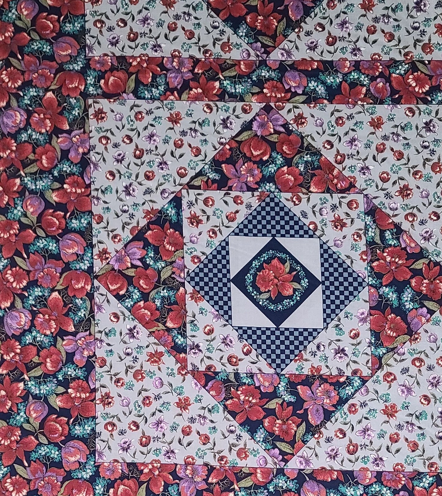 Ozark Calicos by Fabri-Quilt - Cheater Quilt Panel Fabric - Each Block Measures ~ 18" / Dark Blue, Red, Green, Pale Blue Floral Print