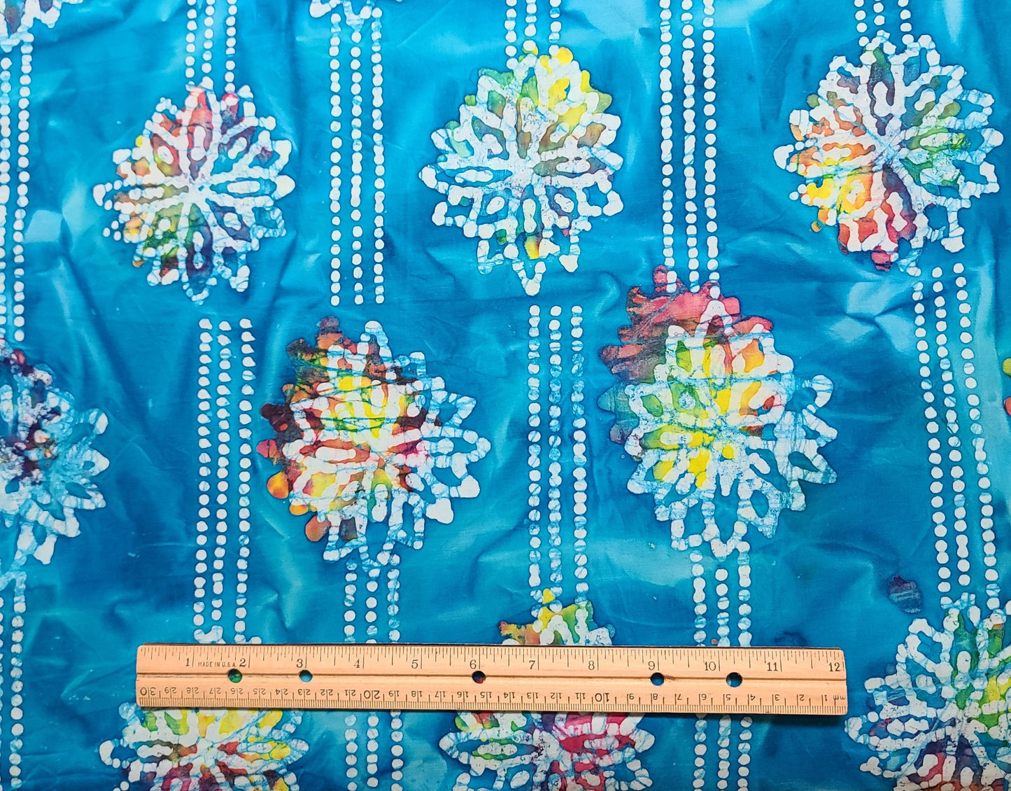 BATIK - Bright Blue, White Dot, Purple, Orange, Yellow, Green Fabric / Flower Medallion Stripe