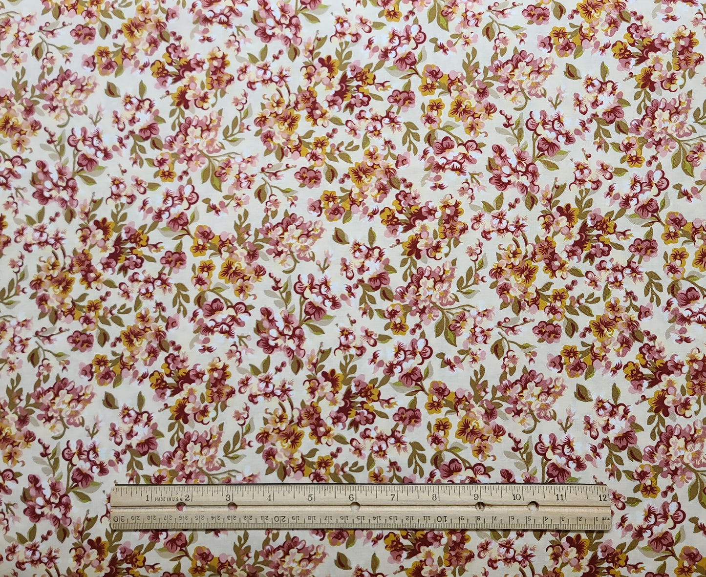 Celebrating Style Presents Cabin Fever by RJR Fabrics - Cream Fabric / Burgundy, Pink, Gold and Olive Flower Print