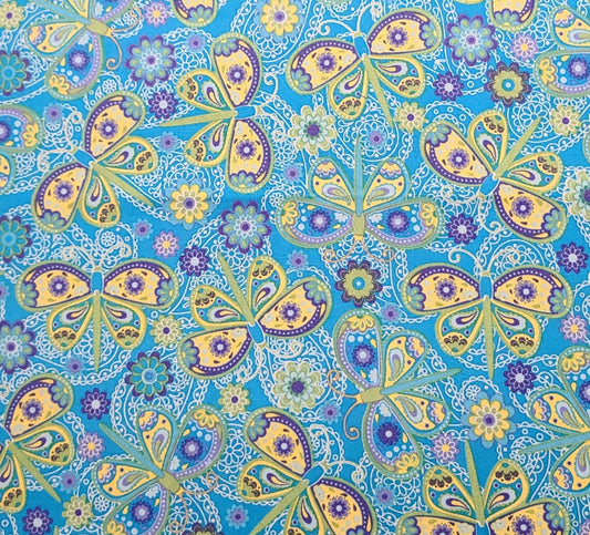 JoAnn Fabric - Bright Blue Fabric / White "Lace" Paisley / Yellow, Purple, Lime Butterfly and Flower Print