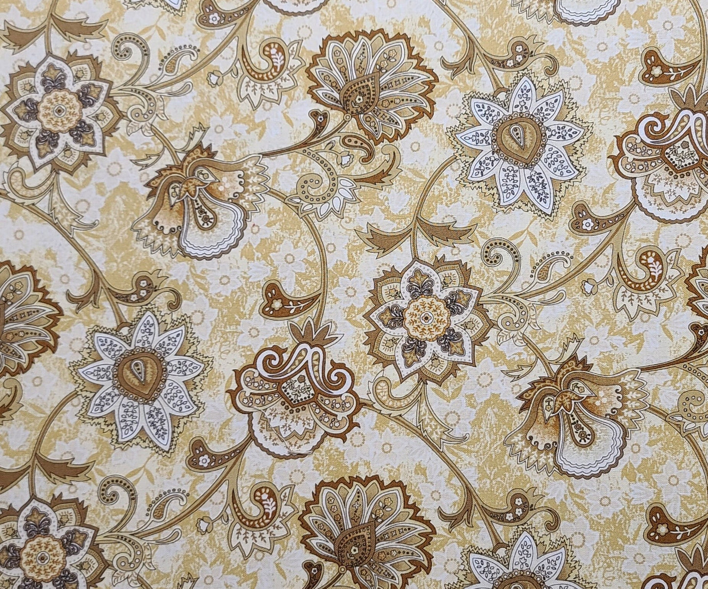 Indian Flower Medium Packed Flower Gold Legacy Studio - Gold Tonal Silhouette Flower Fabric / Shades of Gold Pasley Flower, Leaf, Vine Print