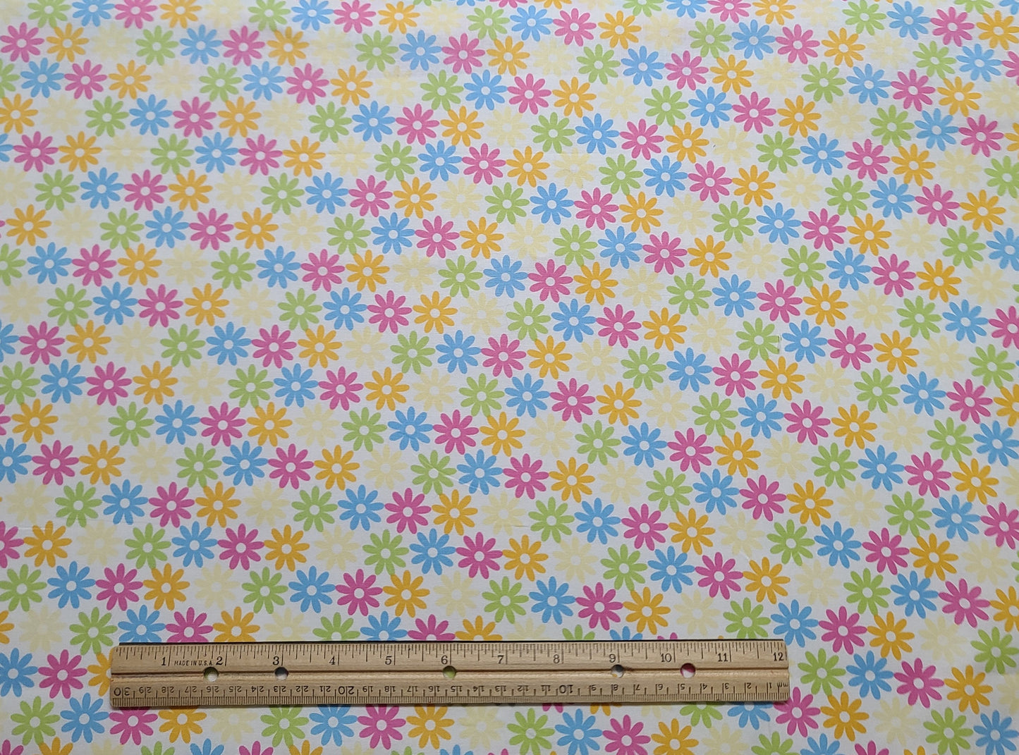 JoAnn Fabric - White Fabric / Highlighter Pink, Green, Blue, Orange and Yellow Flower Print