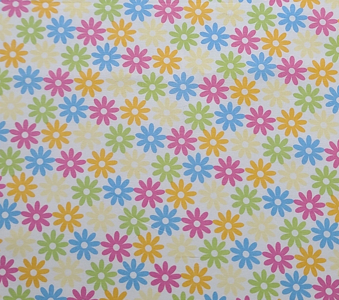 JoAnn Fabric - White Fabric / Highlighter Pink, Green, Blue, Orange and Yellow Flower Print