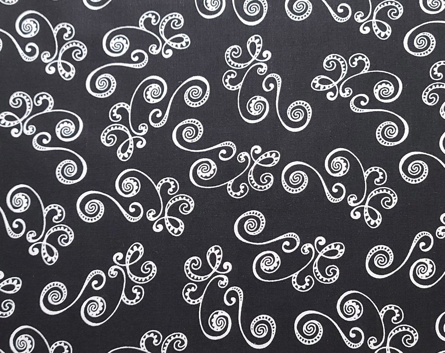 Black Fabric / White Filigree Scroll Pattern - Selvage to Selvage Print