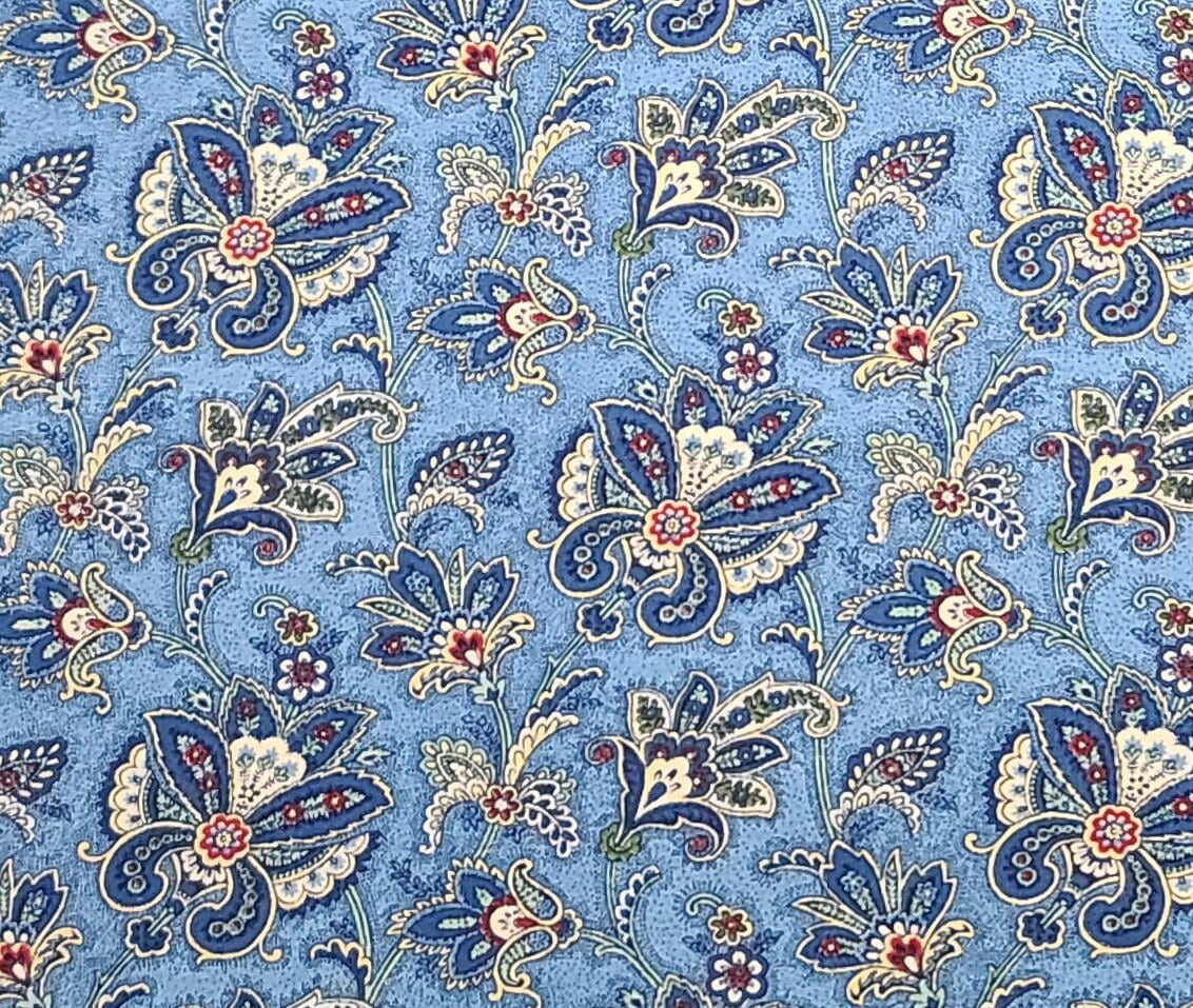 Light Blue Fabric / Blue, White, Red Paisley Flower Print - Selvage to Selvage Print