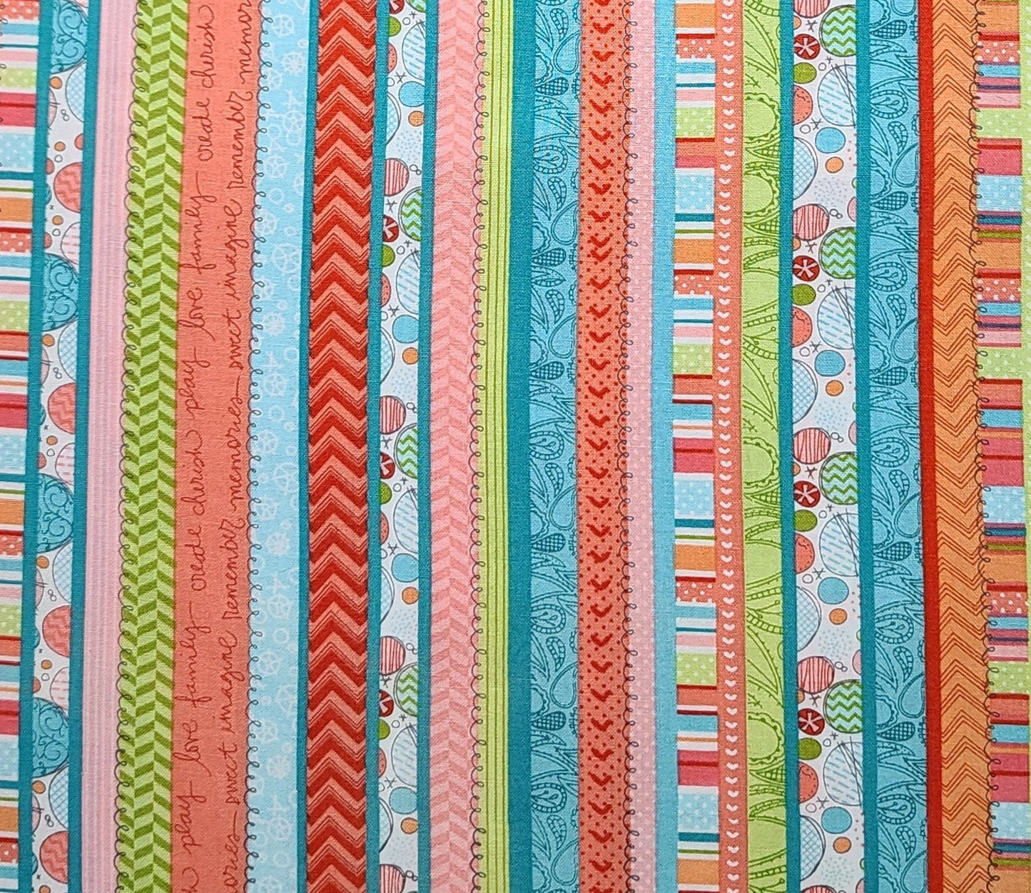 Heidi Grace for JoAnn Fabric - White, Teal, Red, Salmon, Pink, Lime Circles, Paisley, Swirl, Script Vertical Stripe (Parallel to Sel) Fabric