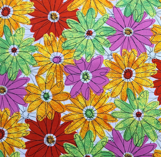 Funky Floral Design Springs Creative Product Group 2011 - White Fabric / Red, Green, Yellow, Fucshia Flower Print Fabric