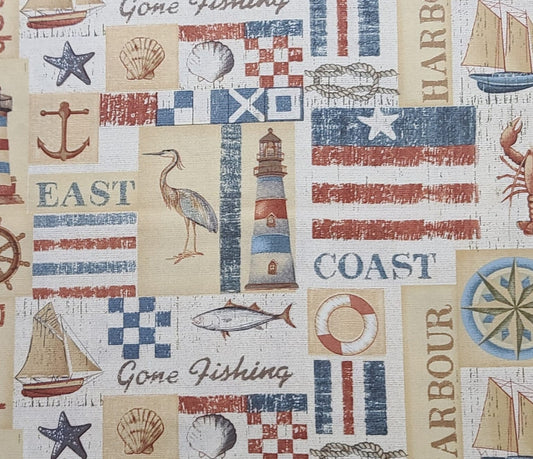 Charlene Audrey Designer Suzanne Cruise Bayshore Collection #10144 - Tan, Cream, White, "Weathered" Red and Blue Coast Theme Blocks Fabric