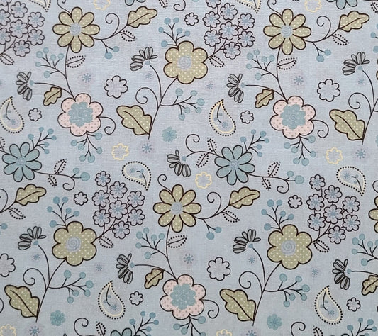 JoAnn Fabric - Powder Blue Fabric / Medium Powder Blue, Pale Green, White, Dark Brown Flower, Vine and Paisley Print