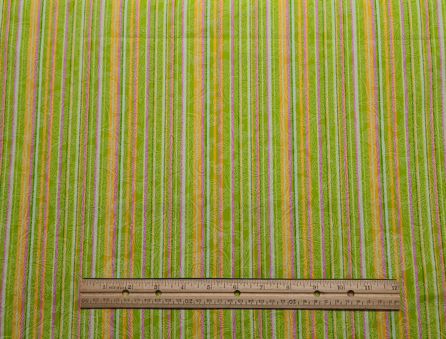 Green, Pink, Orange and White Vertical Stripe (Parallel to Selvage) Fabric / White Flower Scroll Overlay