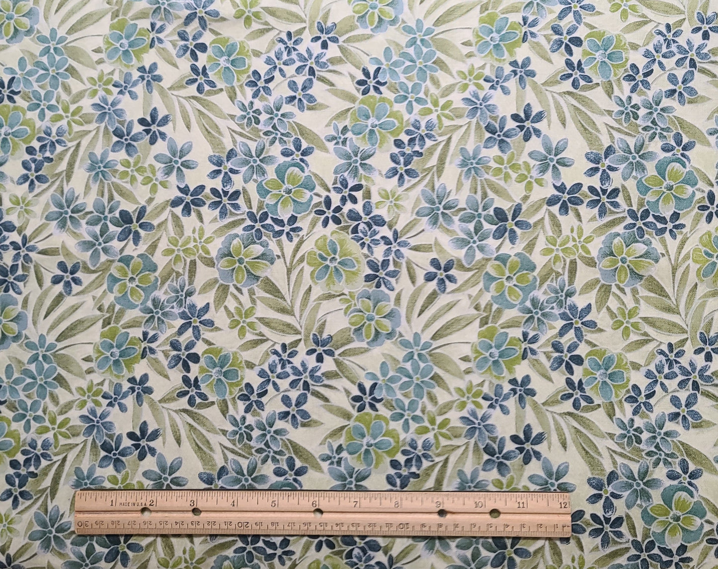 JoAnn Fabric - Pale Moss Green Fabric / Moss Green, Dark Blue, Medium Teal Flower Print