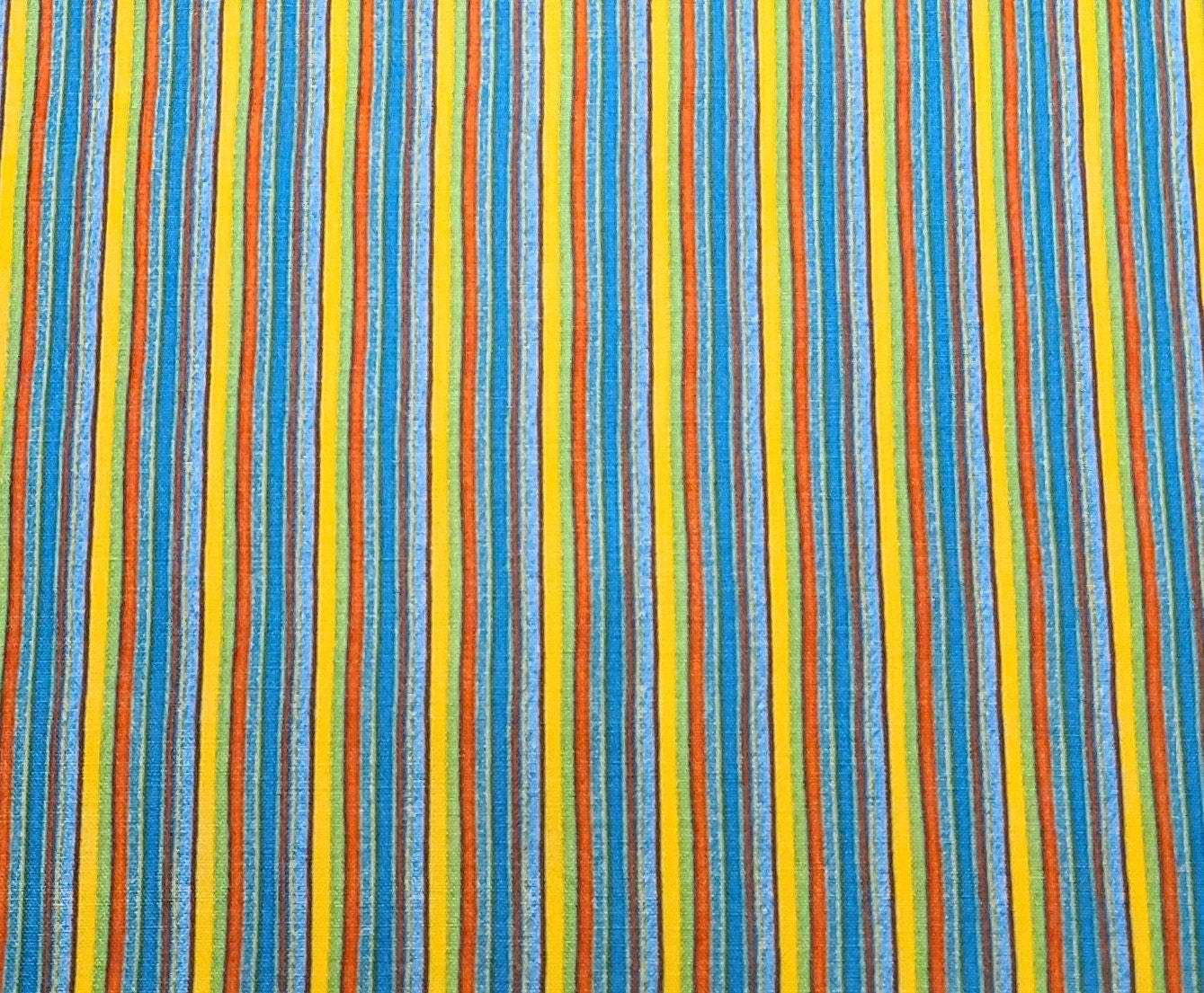 David Textiles - Bright Blue, Yellow, Orange, Lime Green, Rust Vertical (Parallel to Selvage) Stripe Fabric.