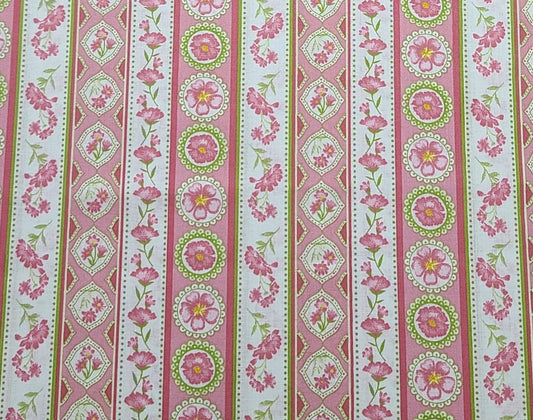 White, Pink and Green Floral Medallion Vertical Stripe (Parallel to Selvage) Fabric