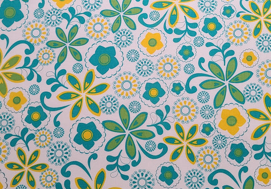 JoAnn Fabric - White Fabric / Teal, Green and Yellow Retro Flower and Medallion Print