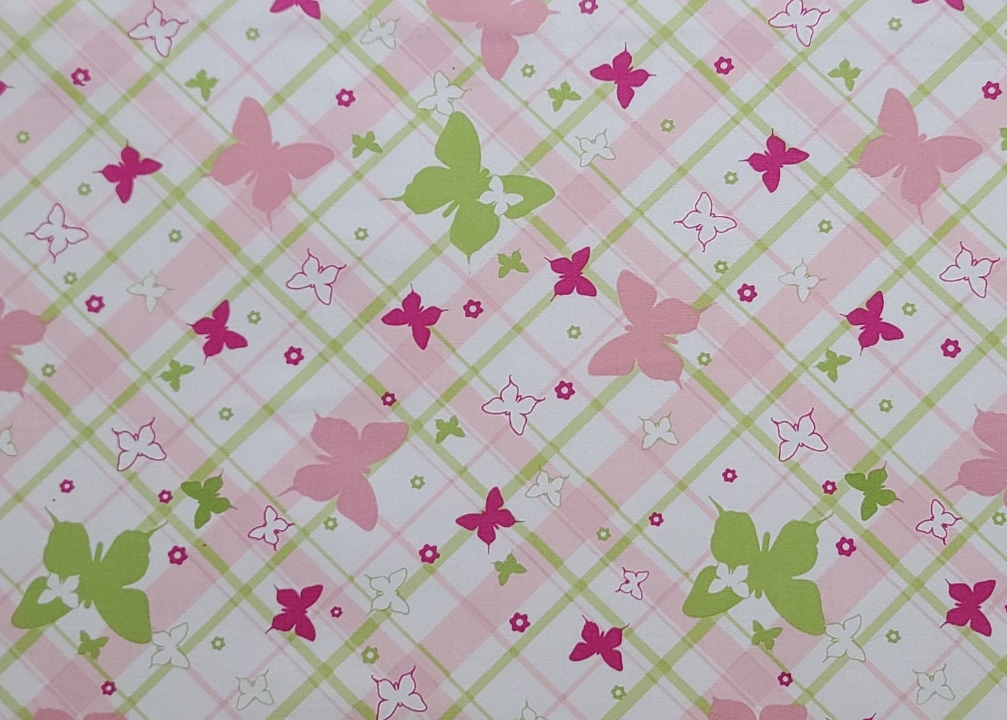 JoAnn Fabric - White Fabric / Light Green, Pale Pink, Raspberry Diagonal Plaid Fabric / Butterfly and Flower Pattern