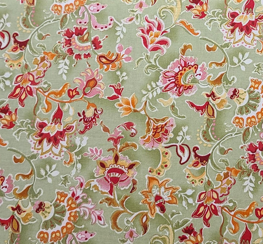 Light Green Tonal Fabric / Red, Pink, White, Gold Flower and Paisley Print / Gold Metallic Accents