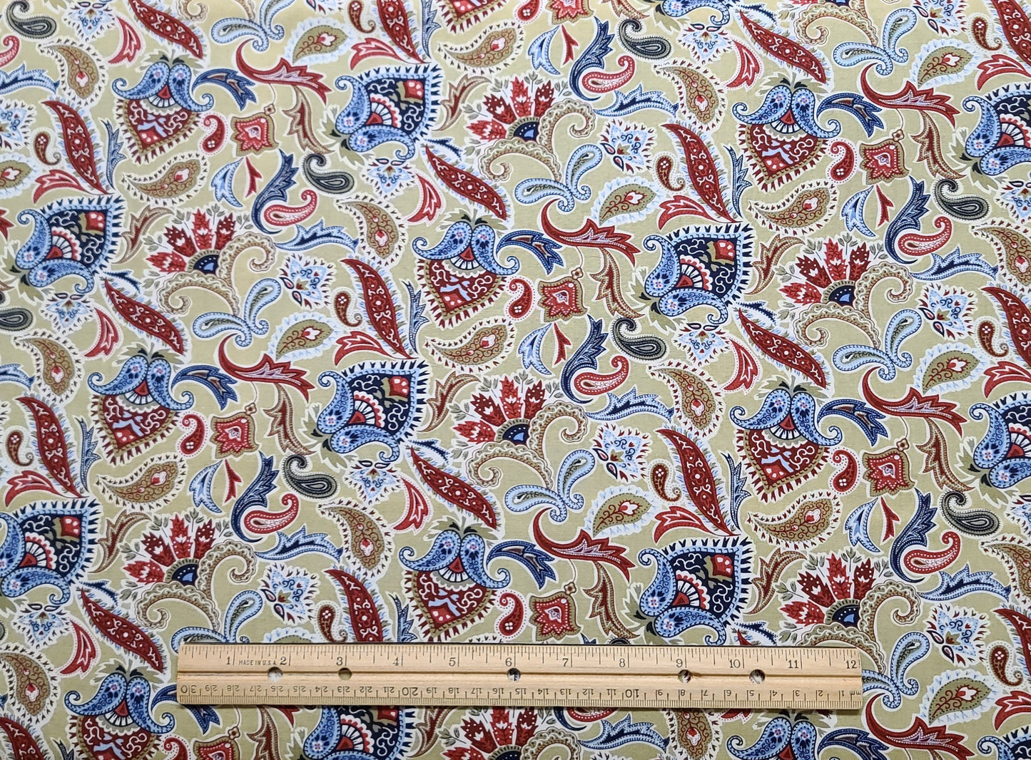 JoAnn Fabric - Khaki Fabric / White, Red and Blue Paisley, Feather and Heart Print