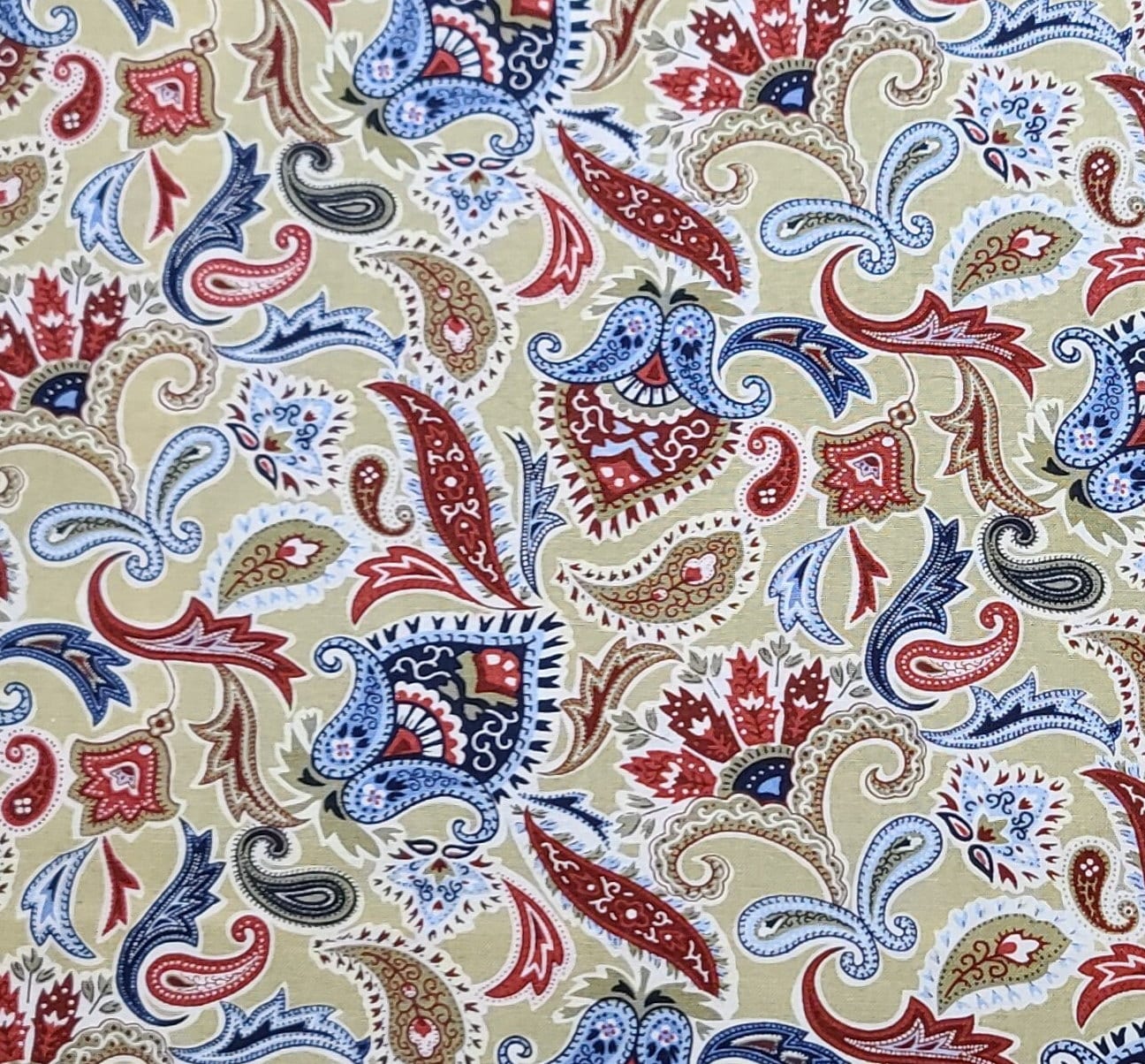 JoAnn Fabric - Khaki Fabric / White, Red and Blue Paisley, Feather and Heart Print