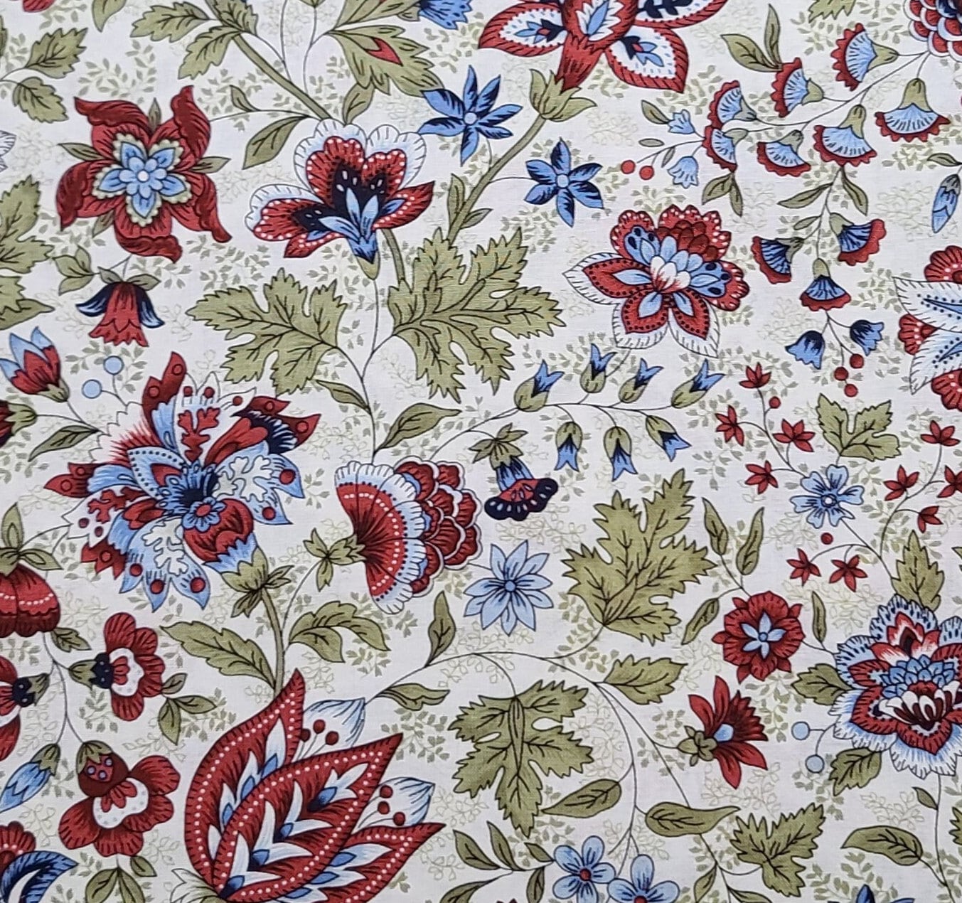 JoAnn Fabric - White Fabric / Red, Blue and Olive Flower, Leaf and Vine Print