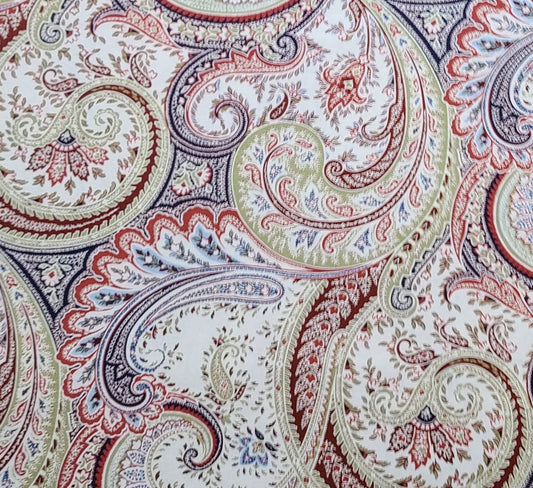 JoAnn Fabric - White Fabric / Maroon, Rust, Light Green, Dark Blue Giant Paisley Scroll Print